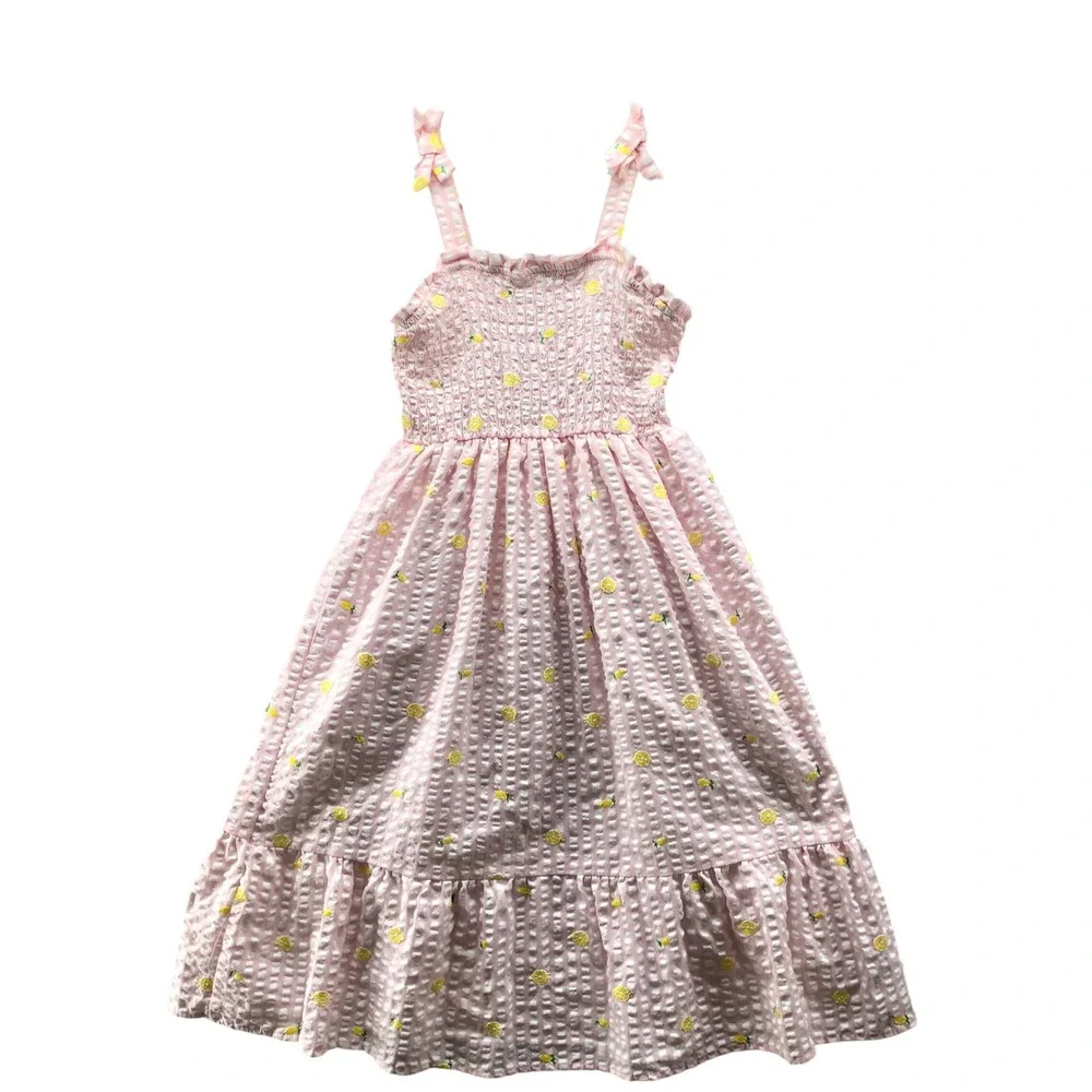 Btween Girls Size 12 Smocked Seersucker Maxi Dress Pink Gingham Lemon Pineapple